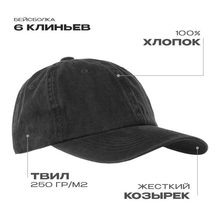Бейсболка винтажная STAN 6 клиньев хлопок 250, 22, Чёрный,
