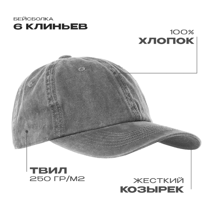 Бейсболка винтажная STAN 6 клиньев хлопок 250, 22, Светло-серый,