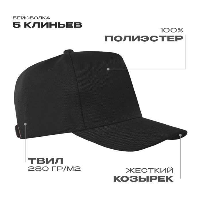 Бейсболка STAN 5 клиньев полиэстер 280, 20, Чёрный,