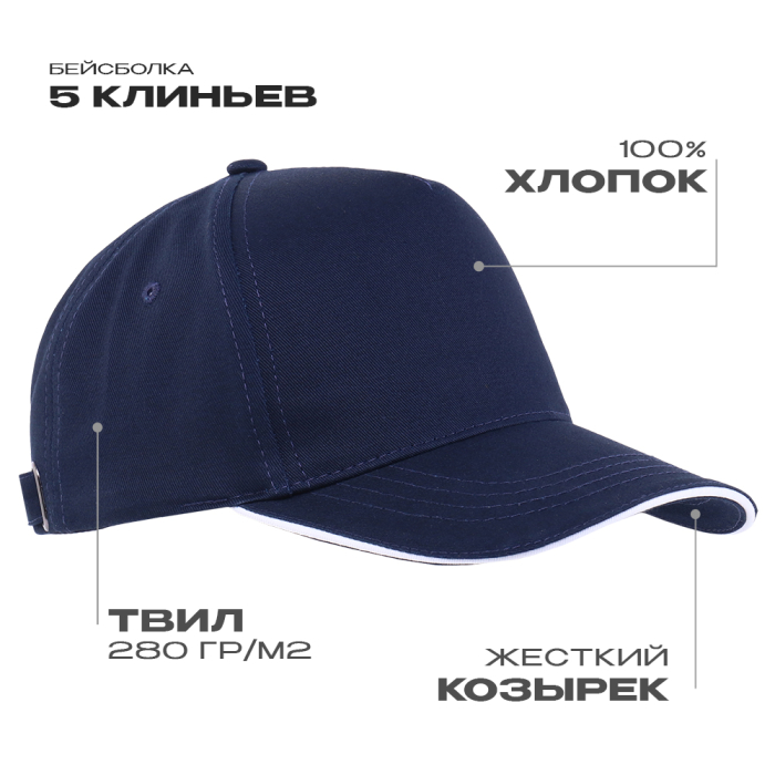 Бейсболка с кантом STAN 5 клиньев хлопок 280, 14, Тёмно-синий,
