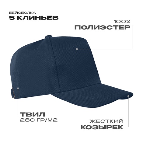 Бейсболка STAN 5 клиньев полиэстер 280, 20, Тёмно-синий,