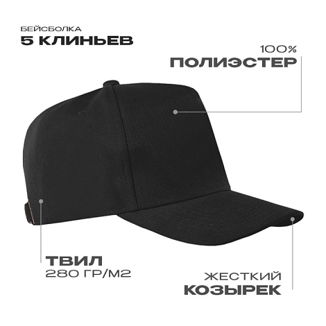 Бейсболка STAN 5 клиньев полиэстер 280, 20, Чёрный,