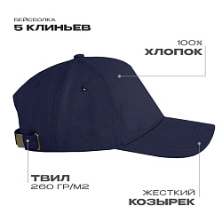 Бейсболка STAN 5 клиньев хлопок, 260, 112, Тёмно-синий,
