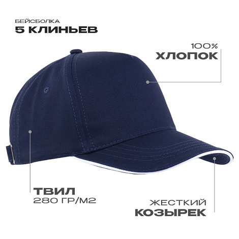 Бейсболка с кантом STAN 5 клиньев хлопок 280, 14, Тёмно-синий,